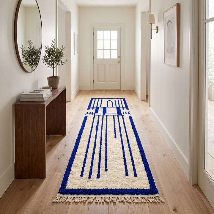 Handmade blue Moroccan Berber runner rug in wool with geometric pattern