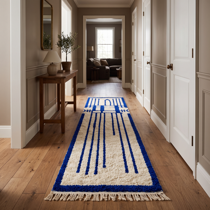 Handmade blue Moroccan Berber runner rug in wool with geometric pattern