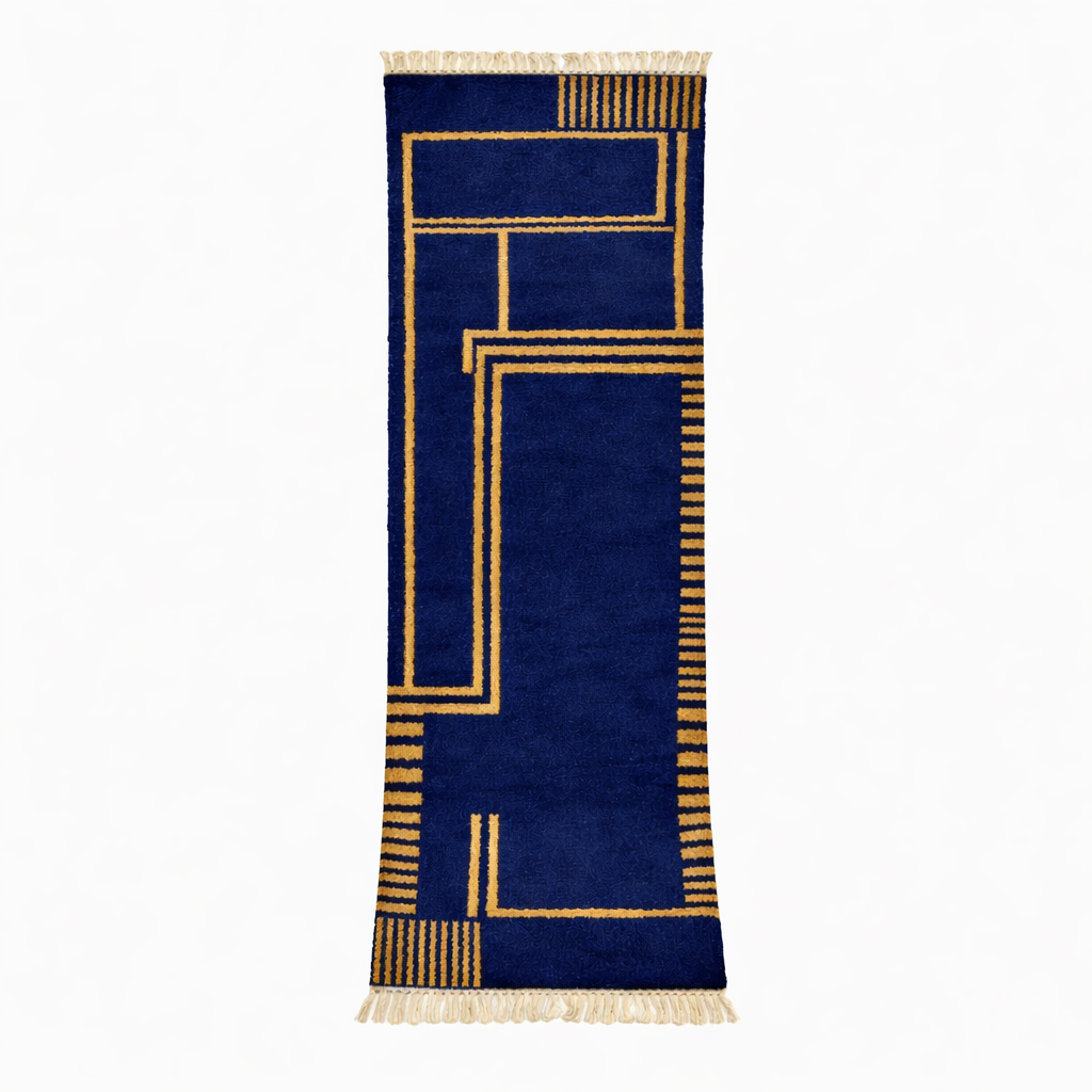 Blue Moroccan Berber runner rug with geometric wool pattern and fringes, handmade hallway runner