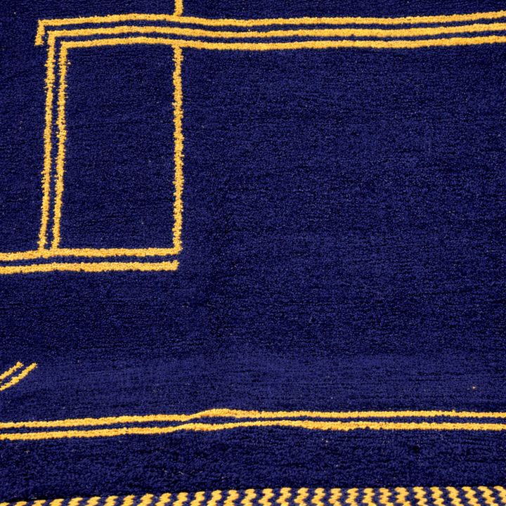 Blue Moroccan Berber runner rug with geometric wool pattern and fringes, handmade hallway runner