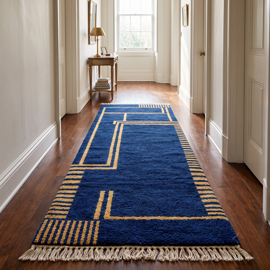 Blue Moroccan Berber runner rug with geometric wool pattern and fringes, handmade hallway runner