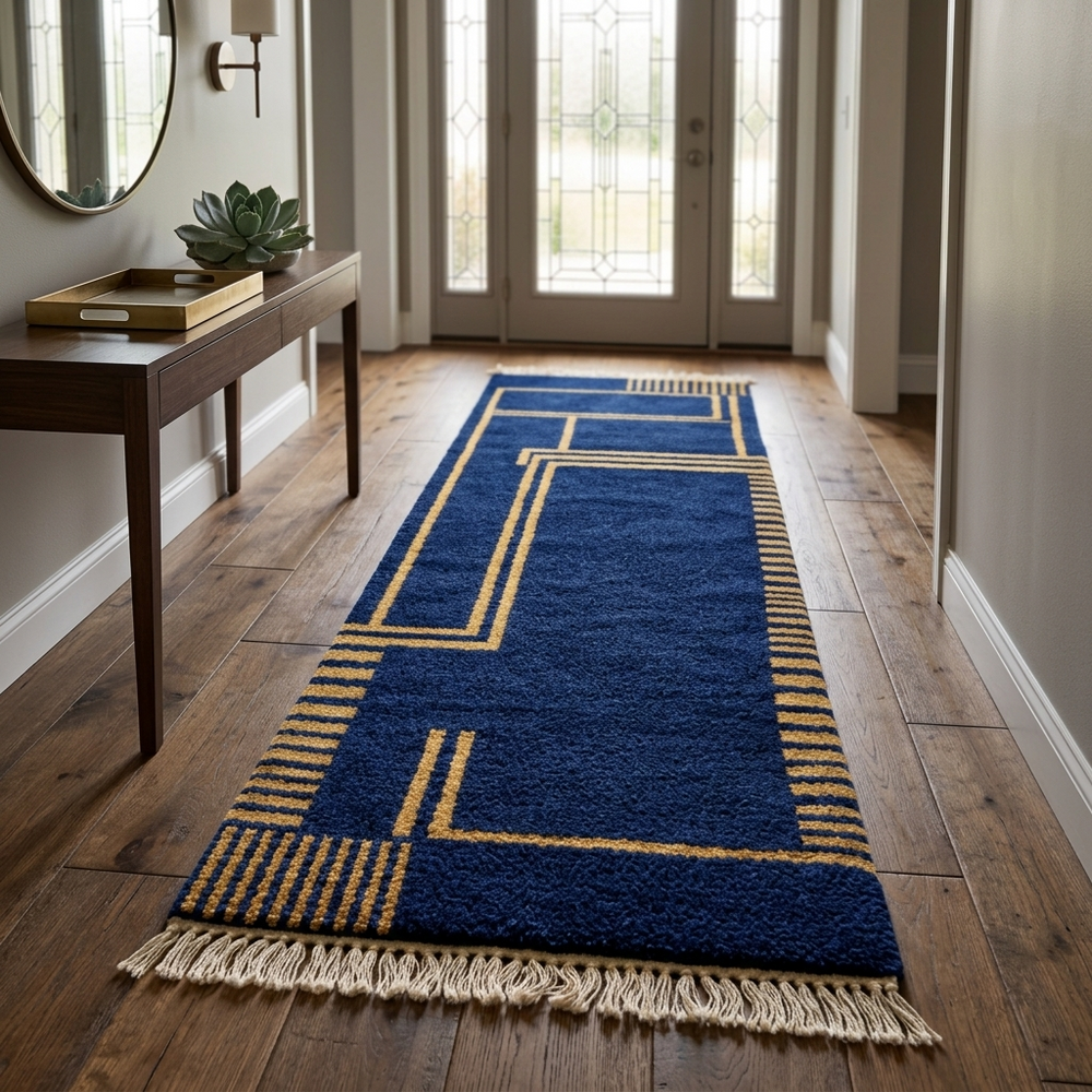Blue Moroccan Berber runner rug with geometric wool pattern and fringes, handmade hallway runner