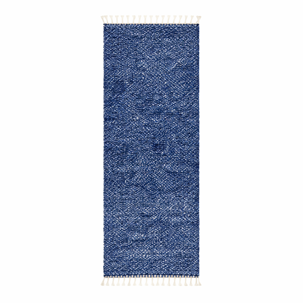 Close-up of deep indigo blue Moroccan wool rug with natural ivory speckled texture