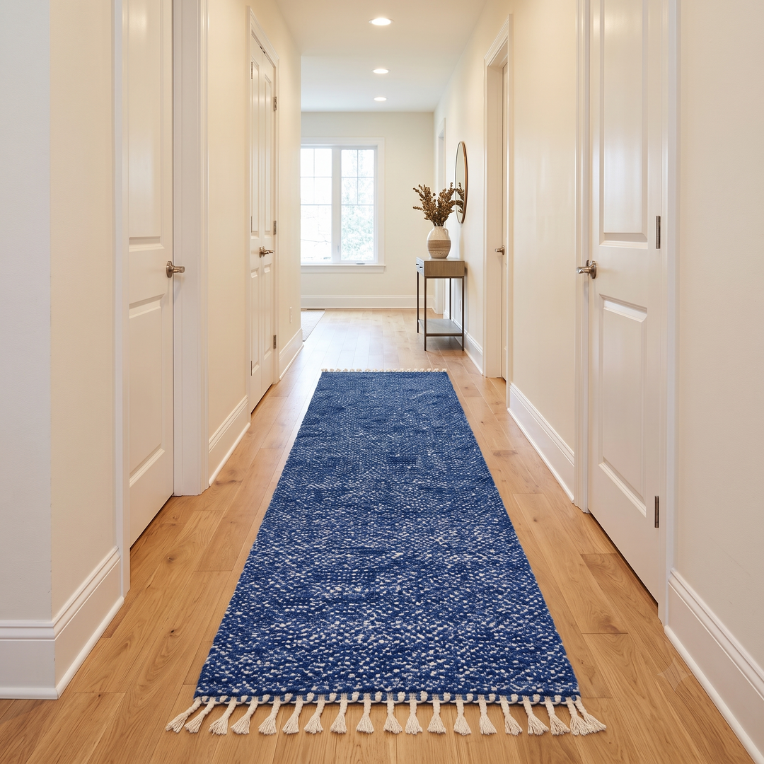 Close-up of deep indigo blue Moroccan wool rug with natural ivory speckled texture