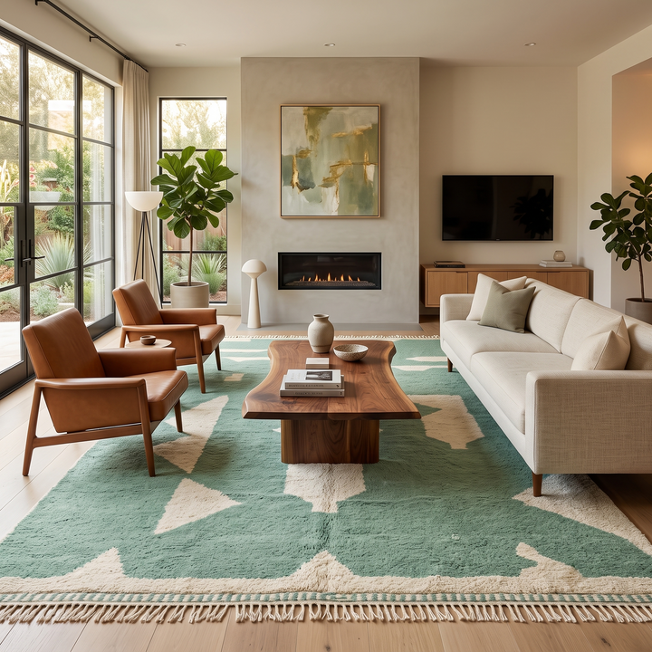 Handmade sage green Moroccan wool rug with ivory abstract geometric pattern and tassels
