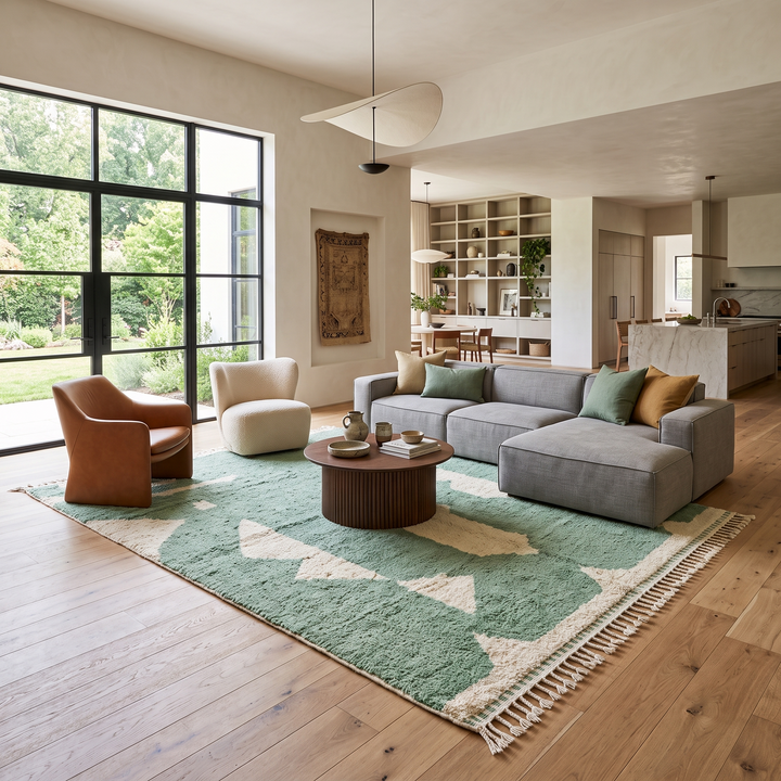 Handmade sage green Moroccan wool rug with ivory abstract geometric pattern and tassels