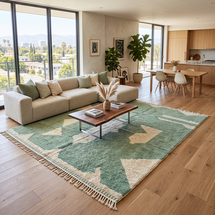 Handmade sage green Moroccan wool rug with ivory abstract geometric pattern and tassels