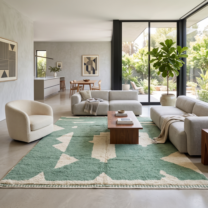 Handmade sage green Moroccan wool rug with ivory abstract geometric pattern and tassels