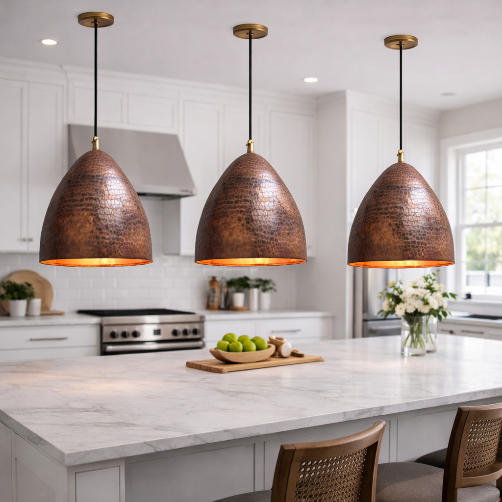 Handmade Hammered Copper Pendant Light – Moroccan Rustic Kitchen Island Hanging Lamp