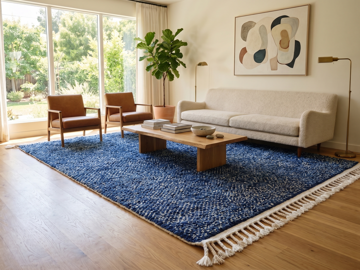 Indigo blue Moroccan wool rug with subtle textured pattern