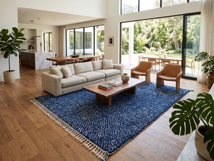 Indigo blue Moroccan wool rug with subtle textured pattern
