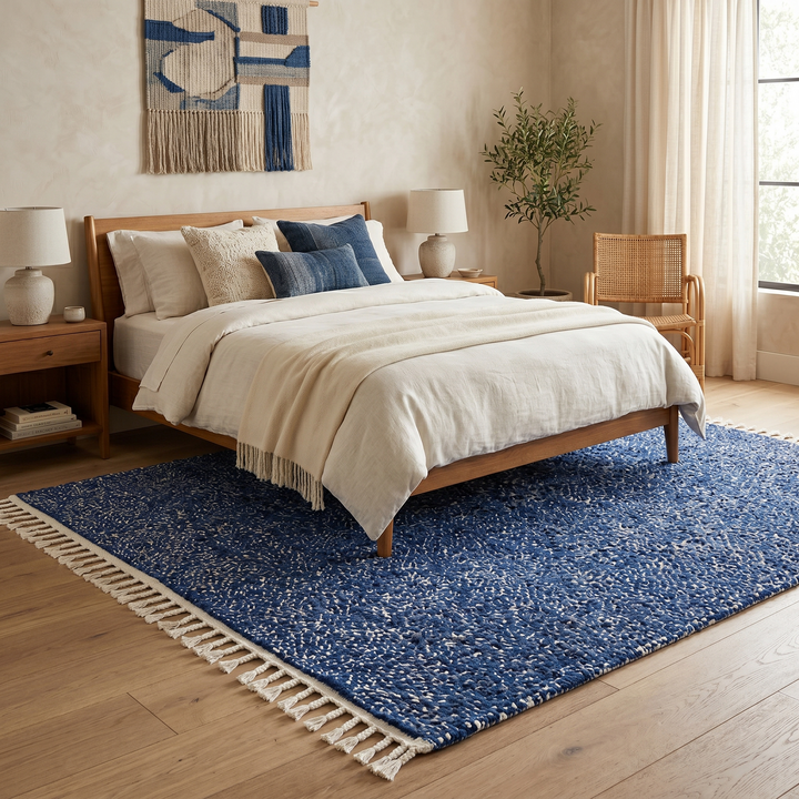 Indigo blue Moroccan wool rug with subtle textured pattern