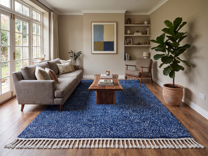 Indigo blue Moroccan wool rug with subtle textured pattern