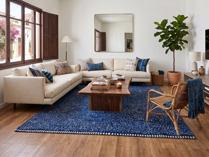 Indigo blue Moroccan wool rug with subtle textured pattern