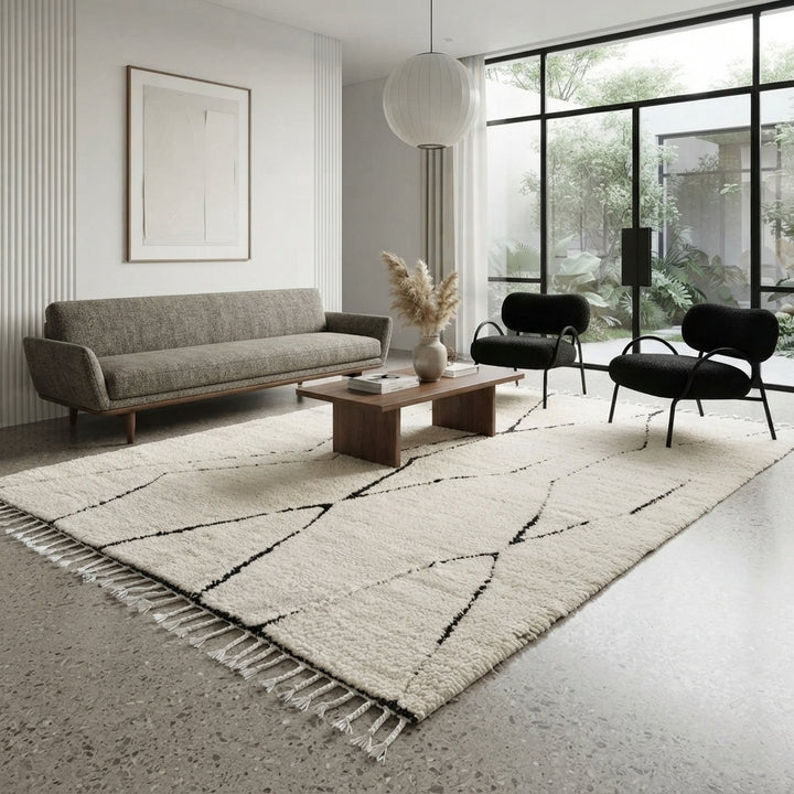 Handmade Moroccan Beni Ourain wool rug in ivory with black abstract geometric lines and tassels