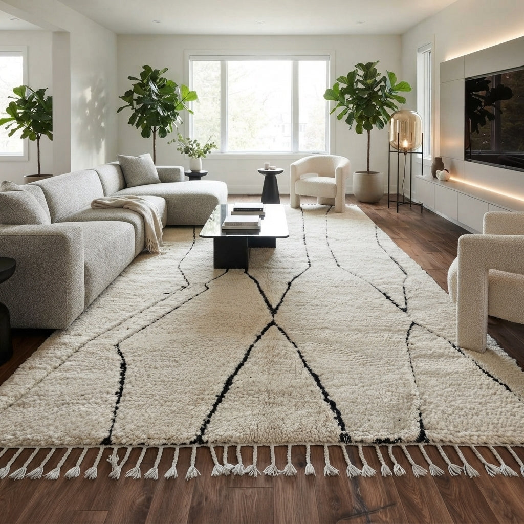 Handmade Moroccan Beni Ourain wool rug in ivory with black abstract geometric lines and tassels