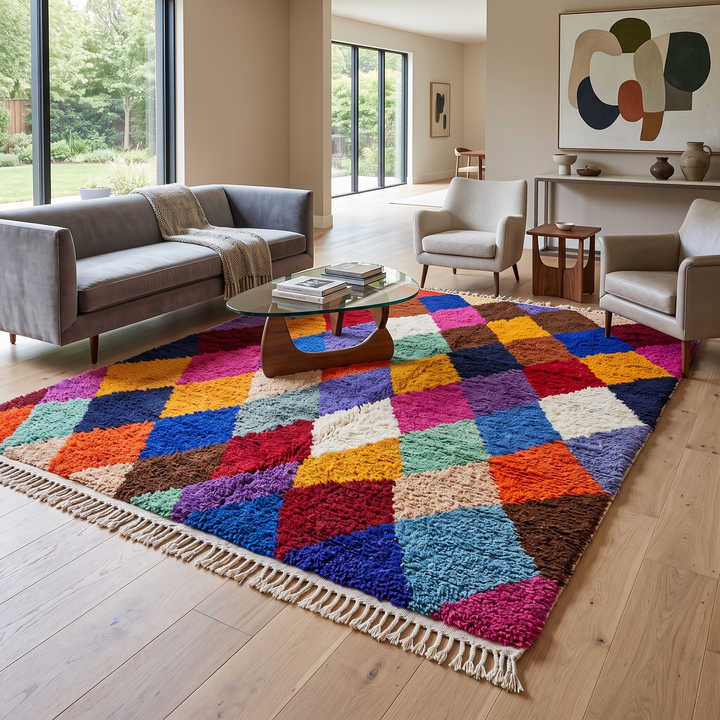 multicolor moroccan wool rug with berber diamond geometric pattern handmade
