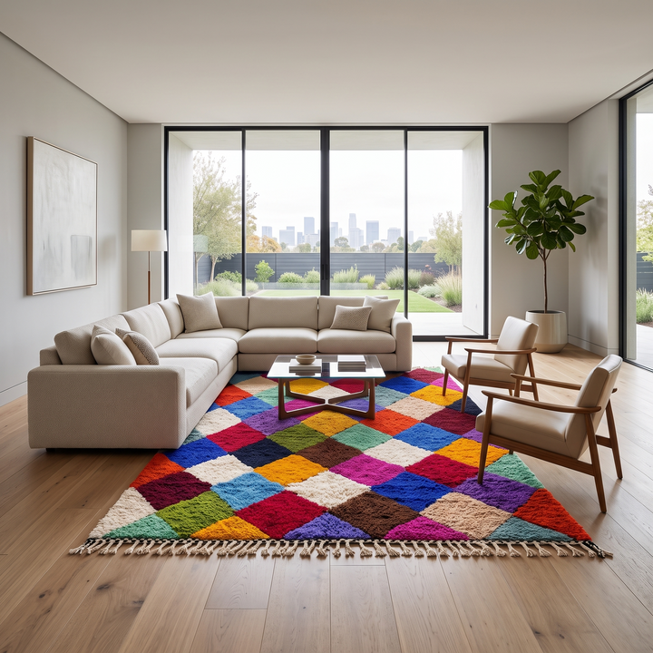 multicolor moroccan wool rug with berber diamond geometric pattern handmade
