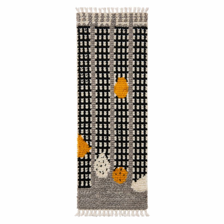 Handmade Moroccan runner rug with black grid and raised wool motifs