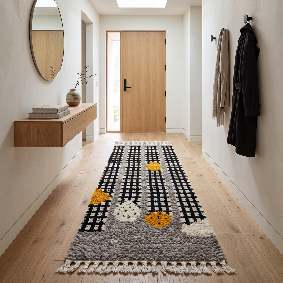 Handmade Moroccan runner rug with black grid and raised wool motifs