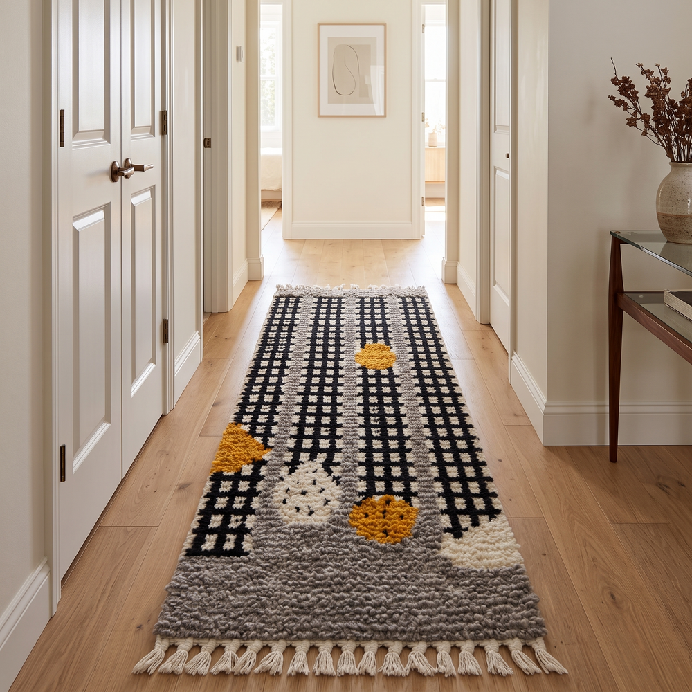 Handmade Moroccan runner rug with black grid and raised wool motifs
