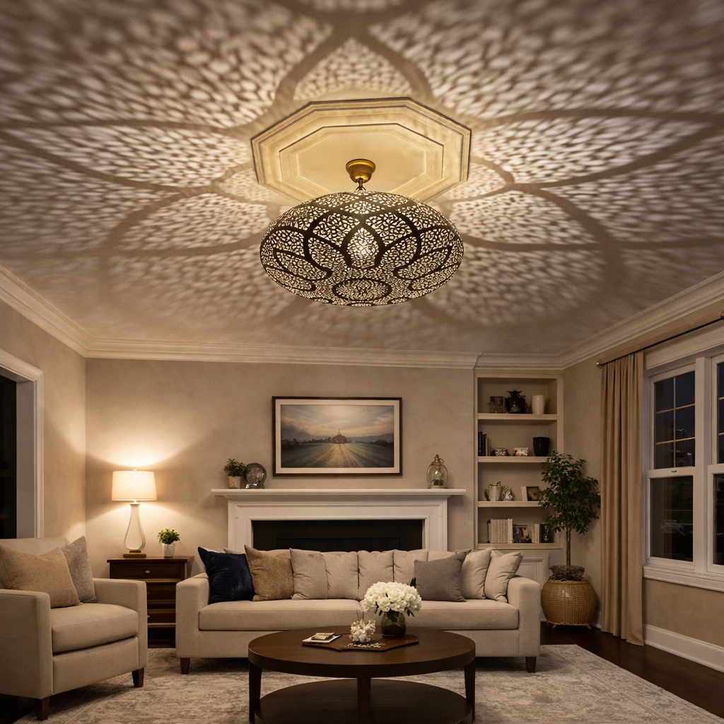 Handmade Moroccan Brass Flush Mount Ceiling Light – Intricate Shadow Pendant Lamp