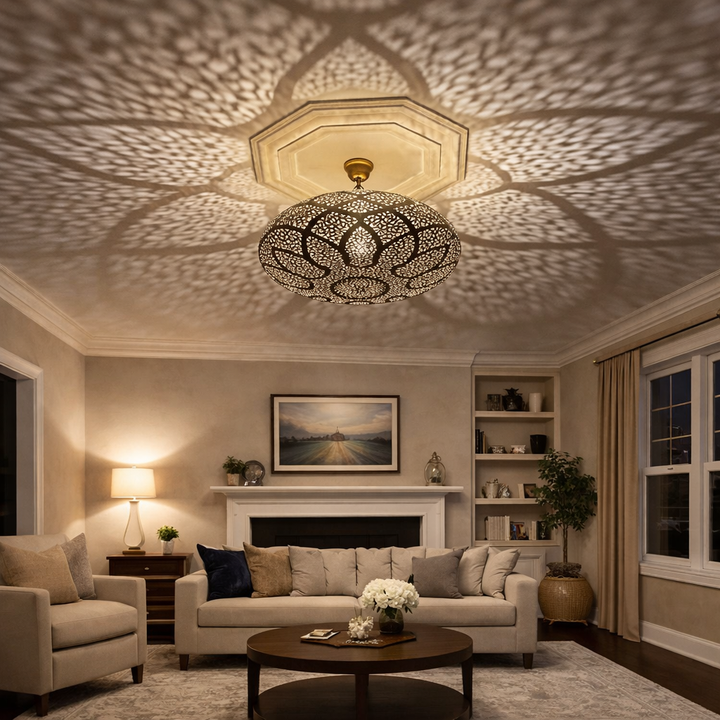 Handmade Moroccan Brass Flush Mount Ceiling Light – Intricate Shadow Pendant Lamp