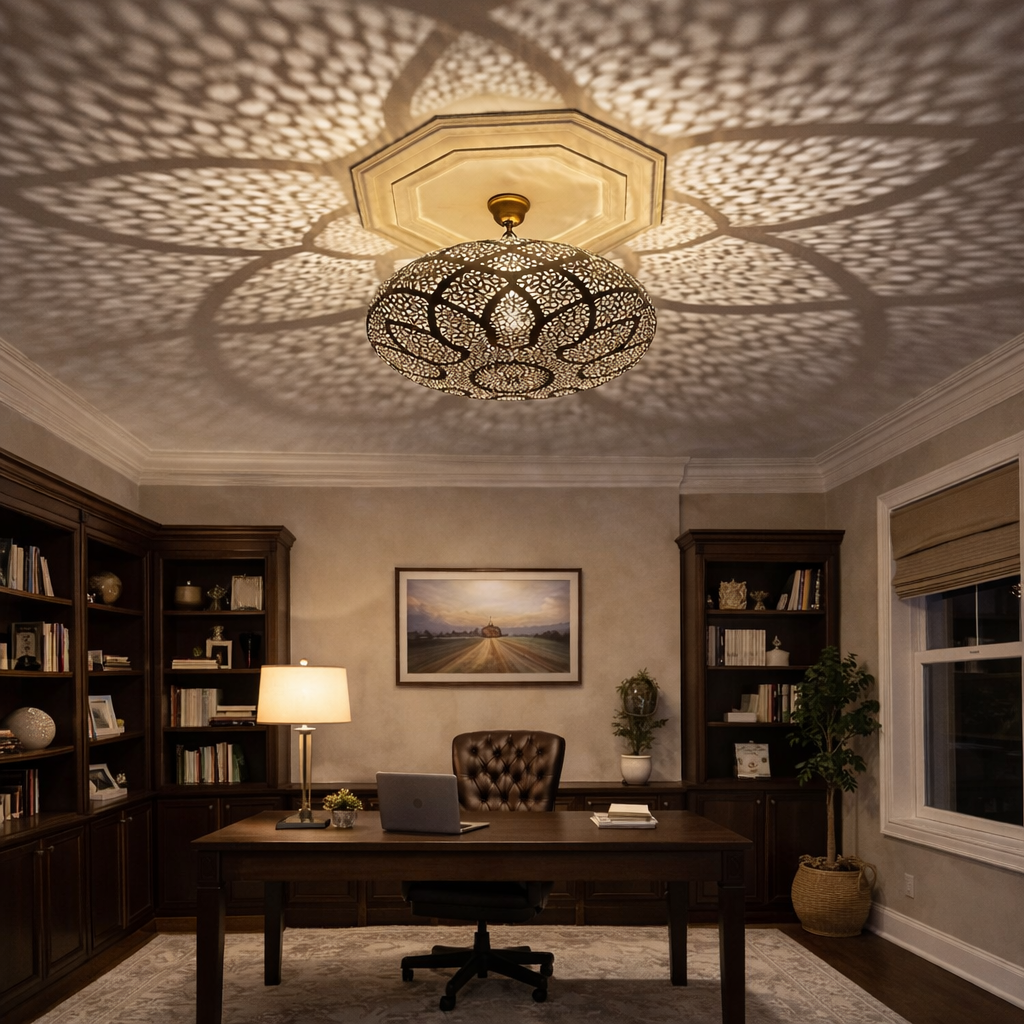 Handmade Moroccan Brass Flush Mount Ceiling Light – Intricate Shadow Pendant Lamp