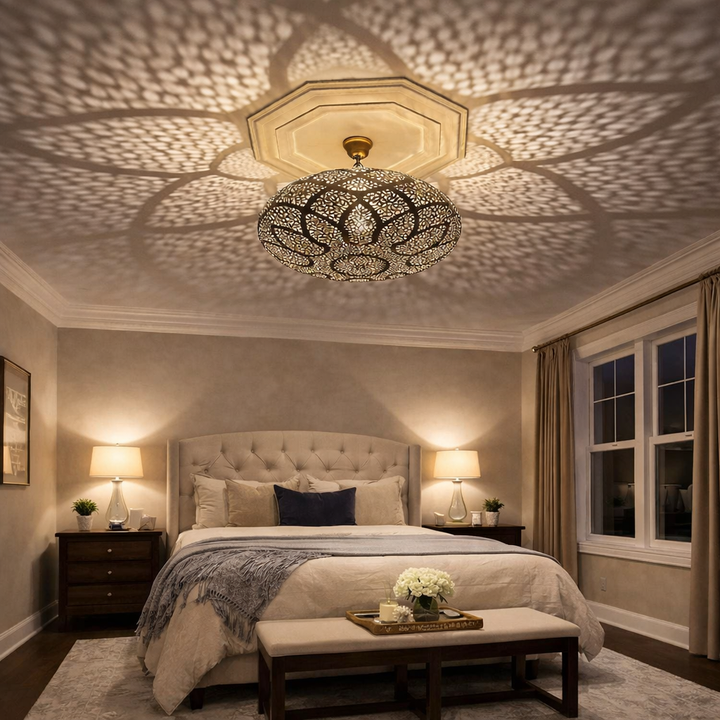 Handmade Moroccan Brass Flush Mount Ceiling Light – Intricate Shadow Pendant Lamp