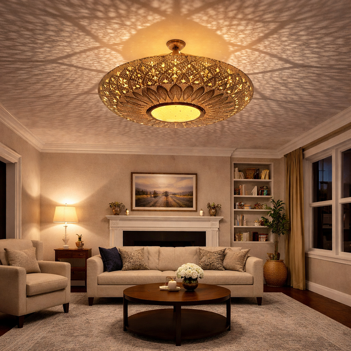 Handmade Moroccan Brass Flush Mount Ceiling Light – Pierced Metal Shadow Lamp