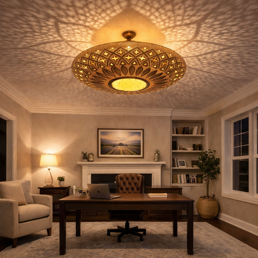 Handmade Moroccan Brass Flush Mount Ceiling Light – Pierced Metal Shadow Lamp