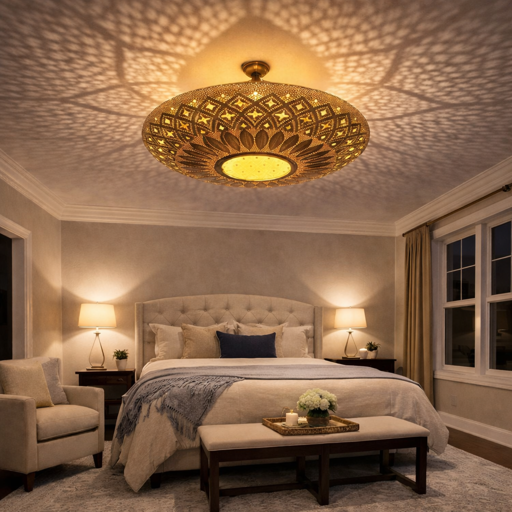 Handmade Moroccan Brass Flush Mount Ceiling Light – Pierced Metal Shadow Lamp