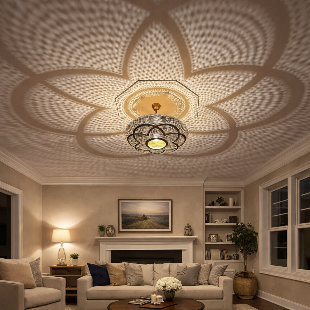 Handmade Moroccan Brass Flush Mount Light – Floral Shadow Ceiling Lamp
