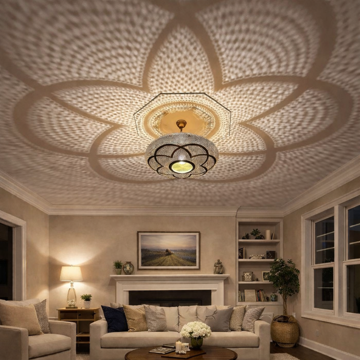 Handmade Moroccan Brass Flush Mount Light – Floral Shadow Ceiling Lamp
