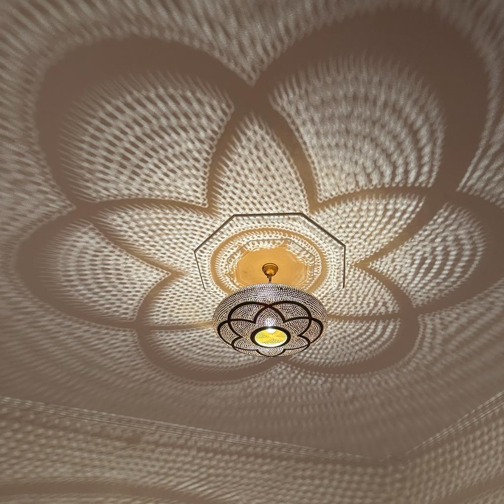 Handmade Moroccan Brass Flush Mount Light – Floral Shadow Ceiling Lamp