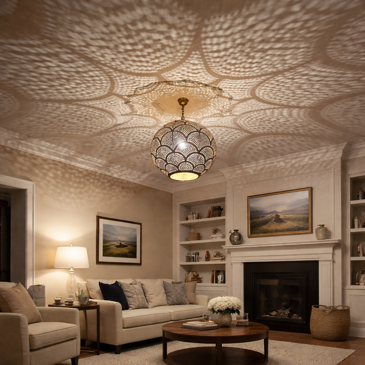Handmade Moroccan Brass Globe Pendant Light – Boho Ceiling Lamp