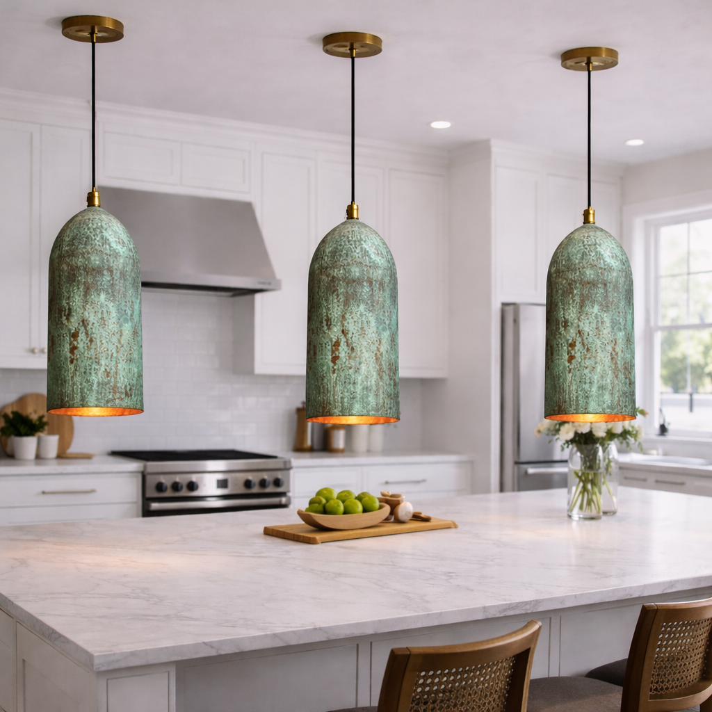 Handmade Moroccan Copper Pendant Light – Green Patina Hanging Lamp for Kitchen Island
