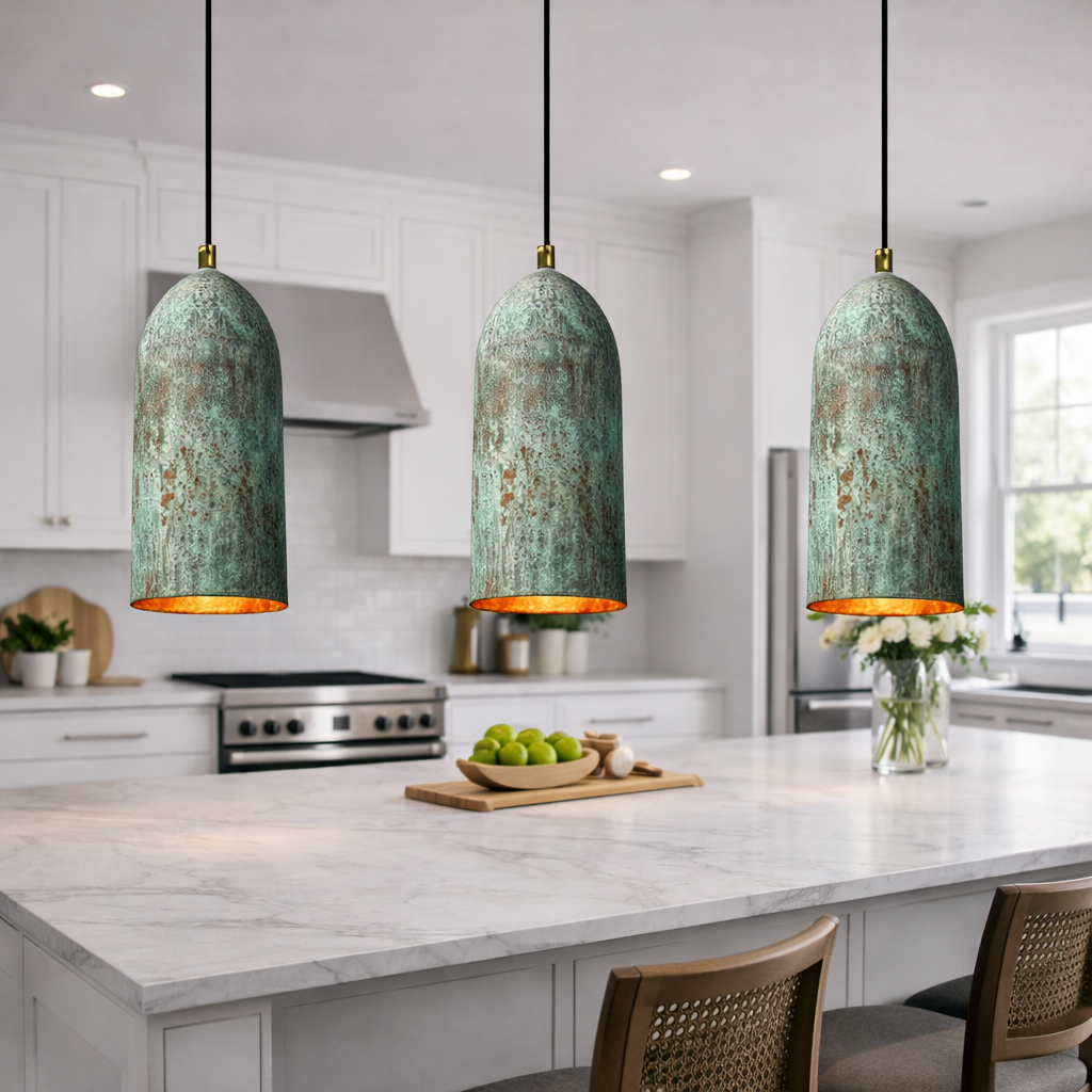 Handmade Moroccan Copper Pendant Light – Green Patina Hanging Lamp for Kitchen Island