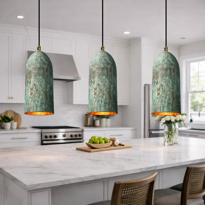 Handmade Moroccan Copper Pendant Light – Green Patina Hanging Lamp for Kitchen Island