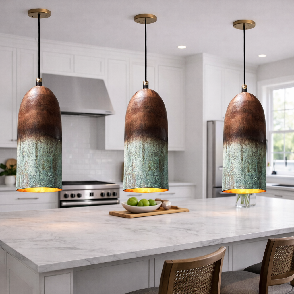 Handmade Moroccan Copper Pendant Light – Green Patina Kitchen Island Hanging Lamp
