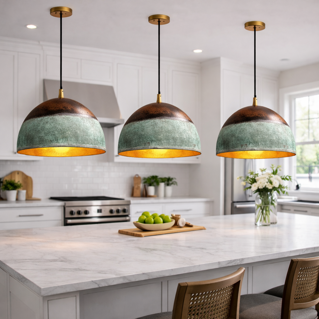 Handmade Moroccan Dome Pendant Light – Rustic Copper &amp; Green Patina Kitchen Island Lamp