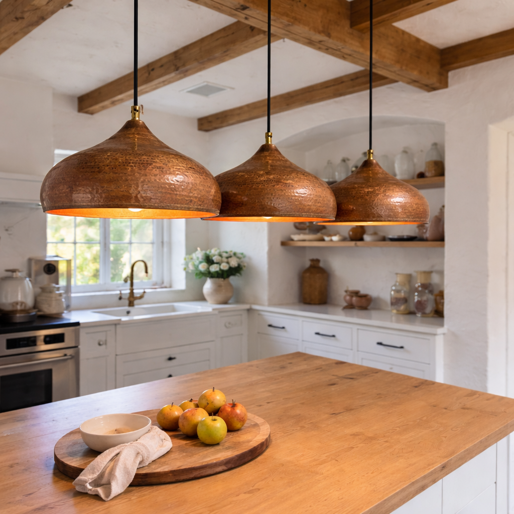 Handmade Moroccan Hammered Copper Pendant Light – Rustic Kitchen Island Dome Lamp