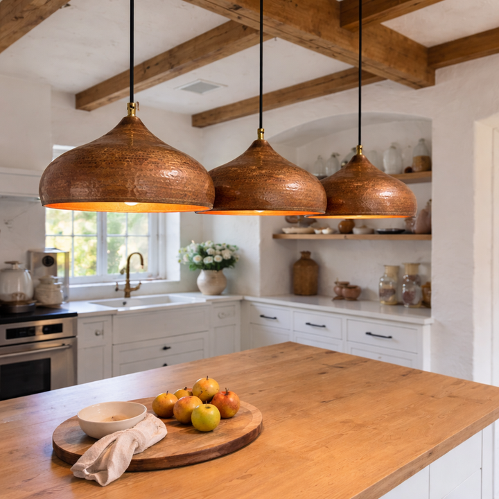 Handmade Moroccan Hammered Copper Pendant Light – Rustic Kitchen Island Dome Lamp