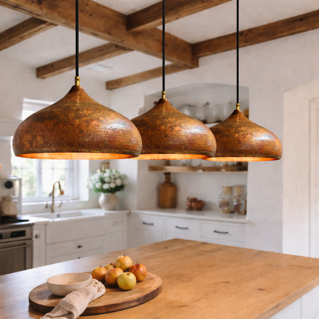 Handmade Hammered Copper Pendant Light – Rustic Moroccan Dome Ceiling Lamp