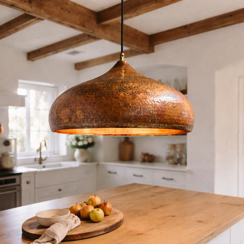Handmade Hammered Copper Pendant Light – Rustic Moroccan Dome Ceiling Lamp