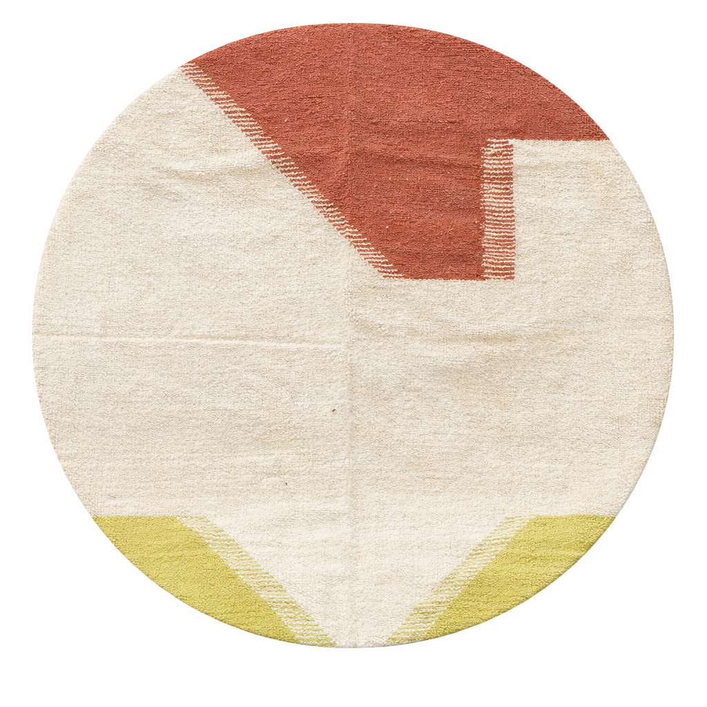 Handmade Moroccan kilim flatweave rug with cream background and abstract terracotta and green color blocks in a round shape.