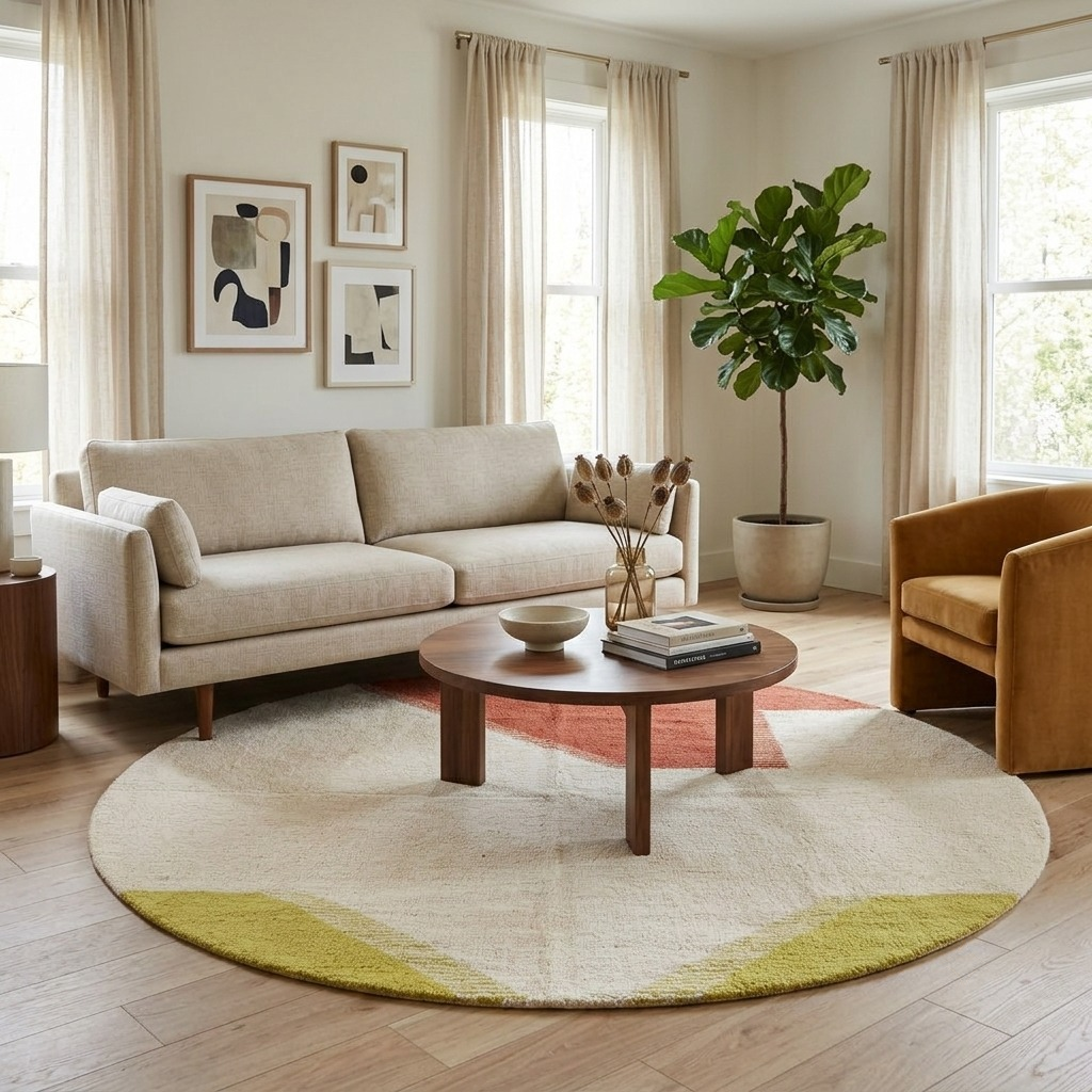 Handmade Moroccan kilim flatweave rug with cream background and abstract terracotta and green color blocks in a round shape.