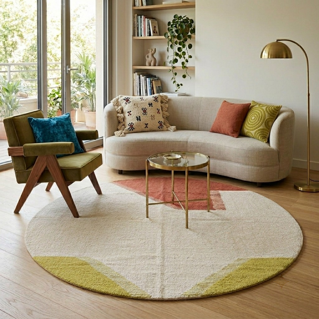 Handmade Moroccan kilim flatweave rug with cream background and abstract terracotta and green color blocks in a round shape.
