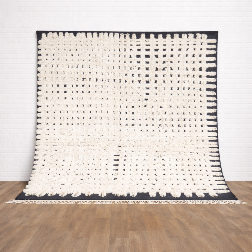 Large Moroccan Wool Rug – White &amp; Black Grid Pattern Handmade