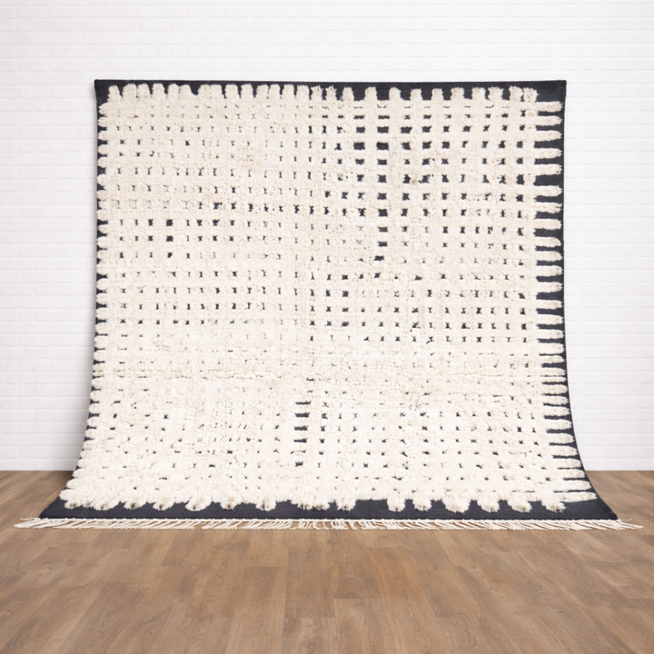 Large Moroccan Wool Rug – White &amp; Black Grid Pattern Handmade